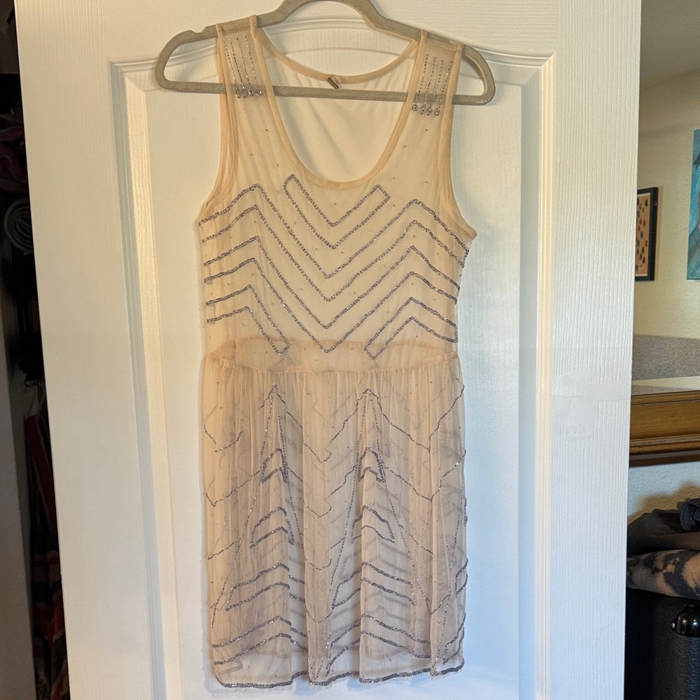 Free People Cream and Blue sheer beaded Mini Dress